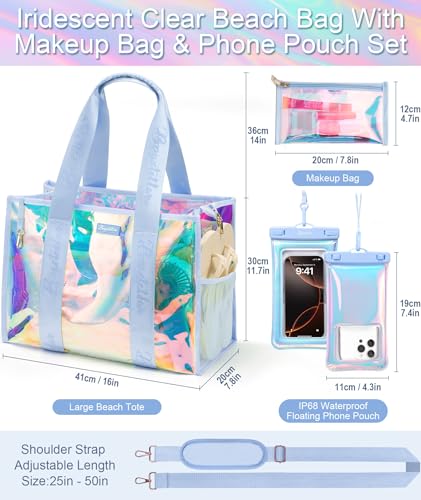 Beach Bag for Women Clear Iridescent Zipper Pool Swim Beach Tote Bag w/Makeup Bag & Waterproof Phone Pouch Summer Essentials2