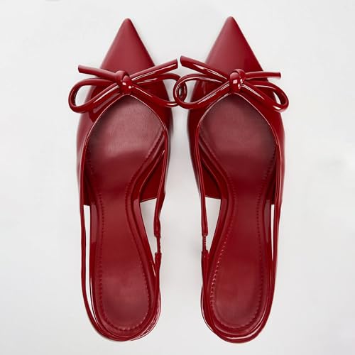 Kluolandi Red Kitten Heels for Women Closed Toe with Bow Slingback Pumps Low Heel Sandals Wedding Shoes3