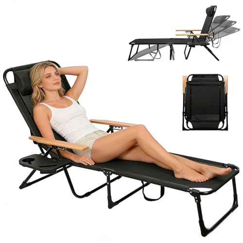 Tumbona de jardín, tumbona con almohada, plegable, respaldo ajustable y cojines para piernas, tumbona de playa para balcón, terraza, camping, playa (negro)