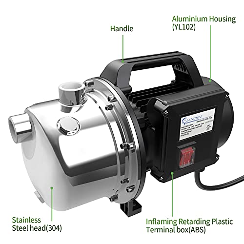 Lanchez 1 Hp Shallow Well Pump，Garden Pump, Portable Stainless Steel Water Transfer Draining Irrigation Jet Pump For Water Removal, Lawn Fountain Pump 1294 Gph 147 Feet Height #TOP2