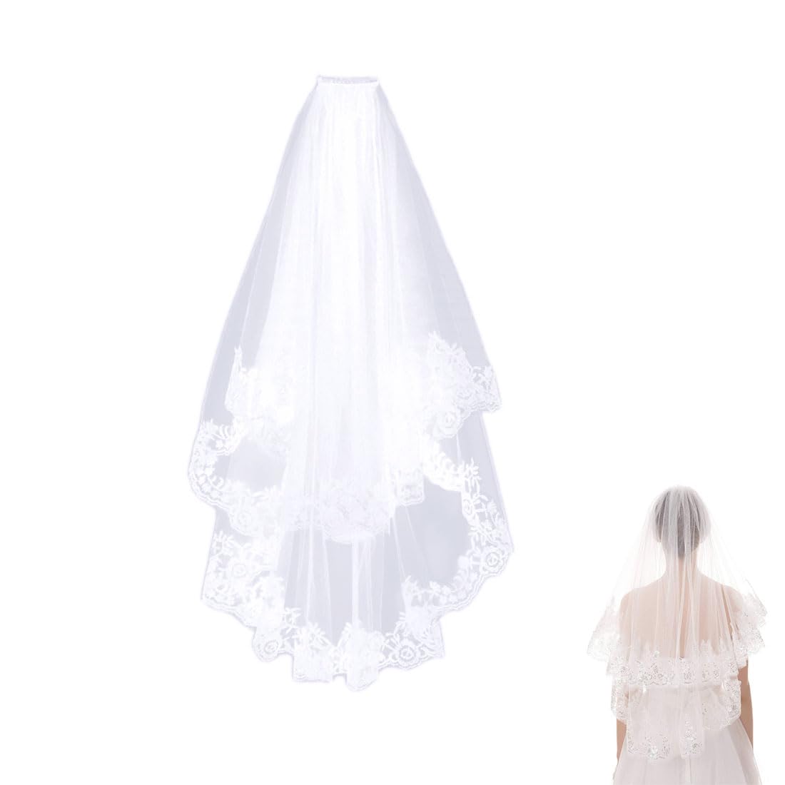 BZKSER BZKSER Velo Novia Apliques Encaje Boda Velo Novia Disfraz Corto 2 Capas Velo de Novia Despedida Soltera Tul Suave con Peine para Mujeres Novias
