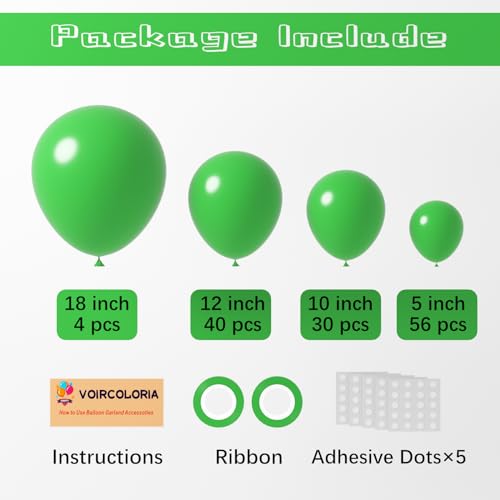 Image of Voircoloria 130pcs Green Balloons Different Sizes 18 inch 12 inch 10 inch 5 inch Party Latex Balloons for Birthday Dinosaur Baby Shower St. Patrick's Day Summer Jungle Forest Safari Party Decorations