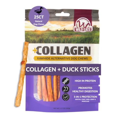 Wild Eats Real Duck Collagen Sticks for Dogs (25 Pack,5 Inch) Long Lasting Dog Chews No Hide Dog Treat Bully Stick Alternative, Rawhide Free, Grain Free, High Protein
