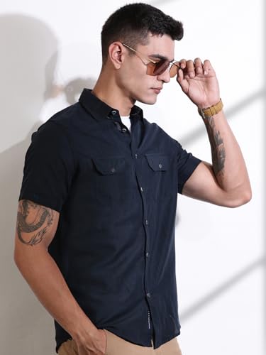 Image of Thomas Scott Men's | Solid | Half Sleeve | Slim Fit | Linen Blend | Double Flap Pocket | Spread Collar | Casual Shirt for Men