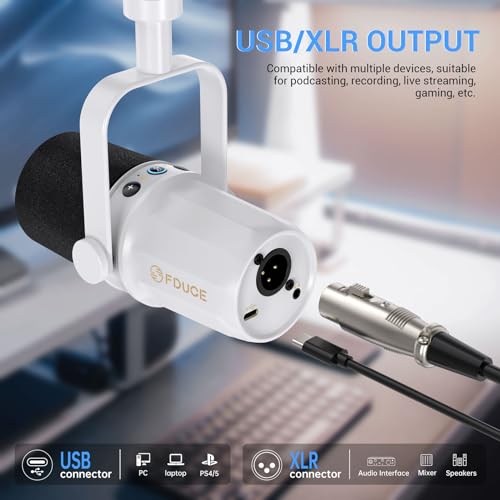 Image of FDUCE SL40 Dynamic Microphone for Podcasting, Gaming, Live Streaming & Recording, Built-in Headphone Output, LED Mute Button, All Metal USB /XLR, Voice-Isolating Technology (White)