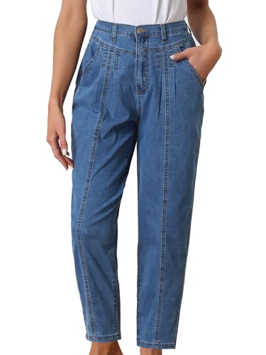 Allegra K Women's High Waisted Elastic Waist Elastic Denim Pants Relaxed Fit Stretchy Tapered Wide Leg Mom Jeans