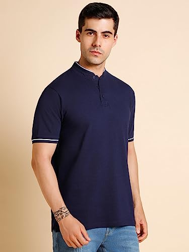 Image of Dennis Lingo Men's Cotton Solid Stand Collar Regular Fit T-Shirt