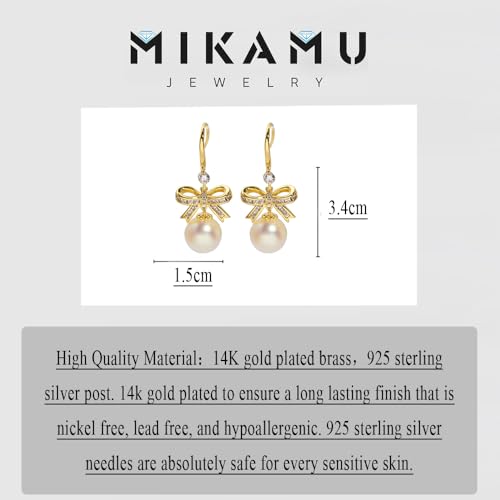 MIKAMU 14K Gold Ribbon Bow Stud Earrings for Women CZ cubic zirconia Gold Plated Dainty Pearl Earring for Women Jewelry (gold)2