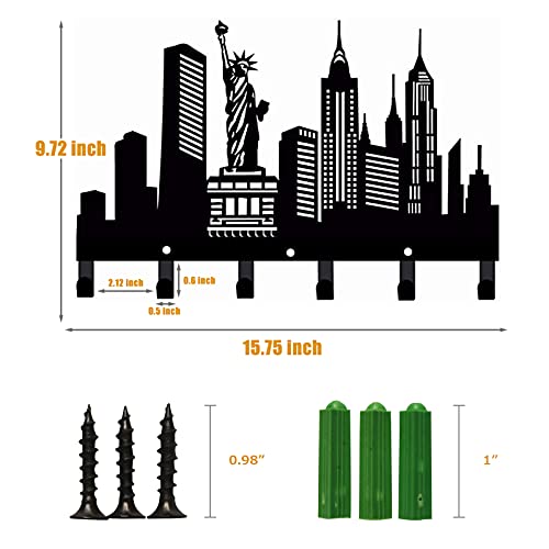 Coat Rack Wall Mount With 6 Hooks,New York City View Black Metal Key Holder,Wall Hooks For Hanging,Decorative Coat Hooks For Towel,Clothes,Purse,Hat,Entryway,Bathroom,Kitchen,Mudroom,Home,Bedroom #TOP1