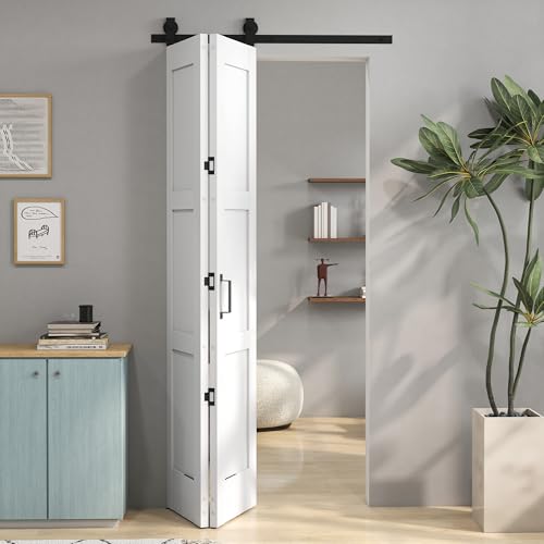 HOMCOM Puerta Corredera Plegable con Herrajes 91,4x213,4 cm, Puerta Corredera Interior con Rodillo, Riel de Acero, Guía de Suelo, Manija, para Baño, Salón, Sala de Estar, Blanco