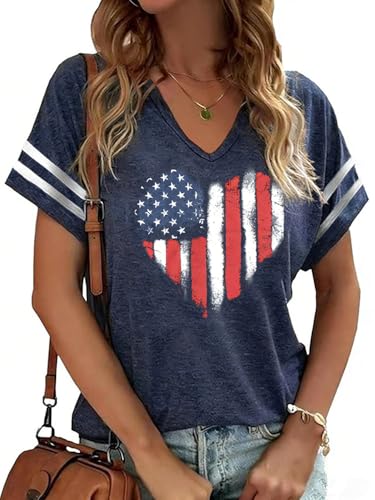 American Flag Shirts Women 4th of July V-Neck Short...