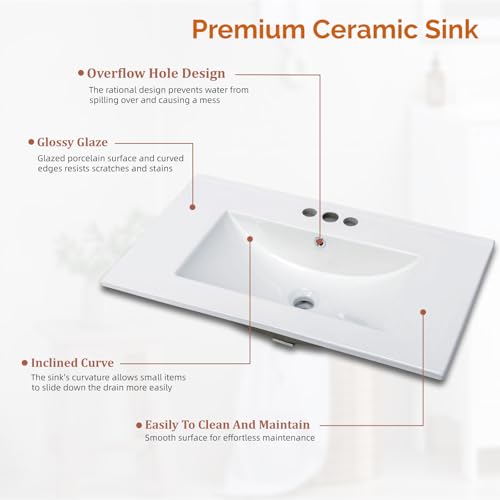 image for VINGLI 30Inch Walnut Fluted Bathroom Vanity with Ceramic Sink, 2-Door 