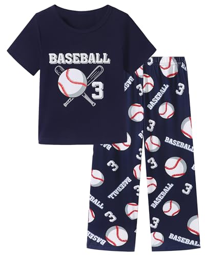 Mikrdoo Boys Pajamas 2Piece Soft Short Sleeve Tops and Pants PJs Summer Sleepwear for Kids Navy Baseball 5T