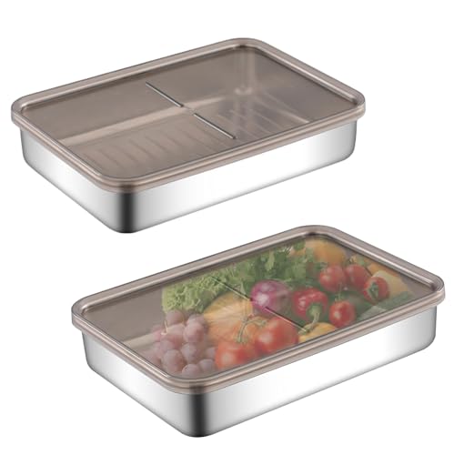 WIYETY Contenitore Alimenti con Coperchio: 2 Contenitori Set Impilabile, per Set di in Acciaio Inossidabile con Coperchi Ermetici, Impilabili, per Carne Salvafreschezza, Contenitori per Formaggi