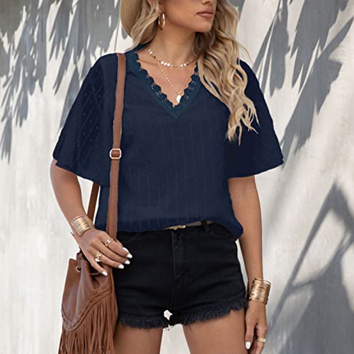 Túnica feminina de renda com gola V, casual, solta, com bolinhas, básica, de manga curta, Azul escur