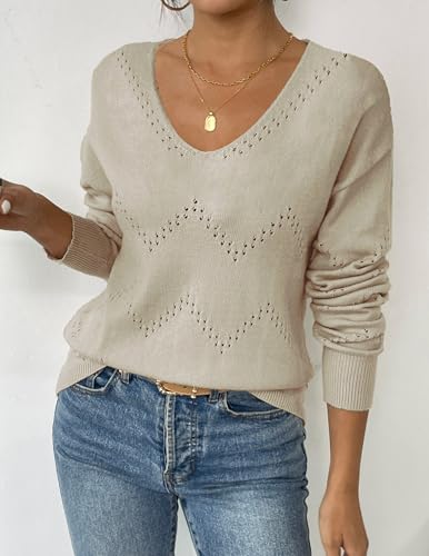 Image of Zeagoo Womens Sweaters Fall Trendy Casual Long Sleeve Shirt Lightweight V Neck Off Shoulder Crochet Pullover Top Outfit