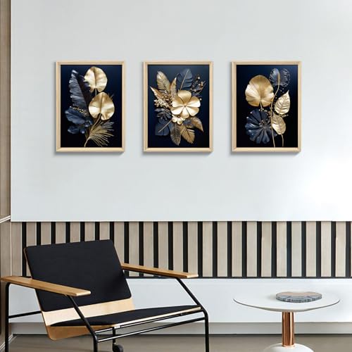 FajerminArt 3 Panels Modern Framed Canvas Wall Art Navy Blue Gold Flowers Coconut Leaves Pictures Painting on Canvas Prints for Living Room Bedroom Office Wall Decor Stretched On Frame 30x40cmx3 Pcs - Image 3