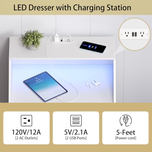 Image of Wodeer White Dresser 3 Drawer Nightstand, Wood Night Stand with LED Lights, Charging Station, Metal Handles, Modern Storage Cabinet and Organizer Drawers for Living Room, Hallway