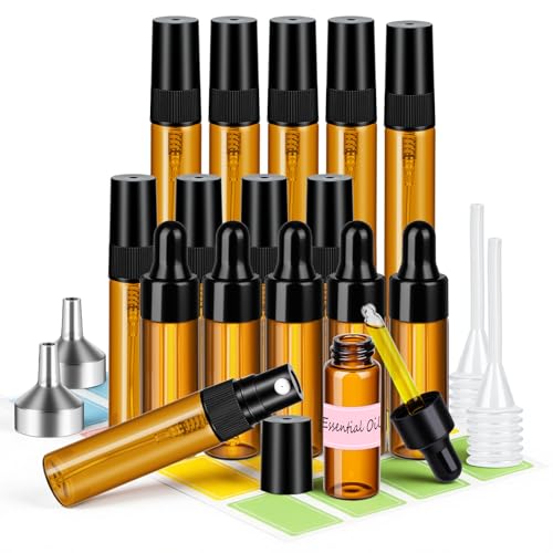 MELLIEX 16 Pezzi Mini Flaconi Spray in Vetro Set,Bottiglie Contagocce Vetro Marrone Riutilizzabile per Laboratorio Olio Essenziale Profumi,5/10ml
