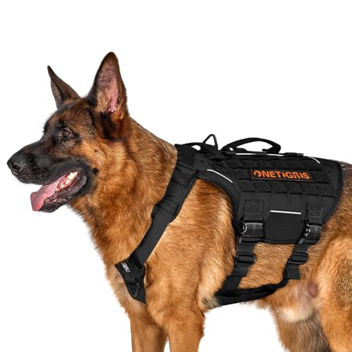 OneTigris Hundegeschirr, Torpedo Taktisches Geschirr mit 4 Metallschnallen 3 Metall-D-Ringen 2 Griffe und Reflexstreifen No-Pull Einstellbar Sicherheitsgeschirr für Große/Mittlere Hunde - Schwarz XL