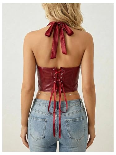 Image of WDIRARA Women's Punk PU Leather Halter Top Grommet Eyelet Tie Front Corset Crop Top