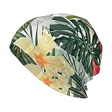 PSVOD Bonnet tricoté décontracté dinosaure pour homme - Bonnet élastique pour activités de plein air - Voyage, Feuilles végétales avec fleurs d'hibiscus, taille unique