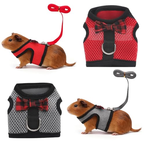 Image of Guinea Pig Harness and Leash，2packs Guinea Pig Clothes Baby Ferret Rats Hamster Soft Mesh Harness Leash for Decoration，Hamster Harness can be Adjusted to Any Size. (Red + Grey)