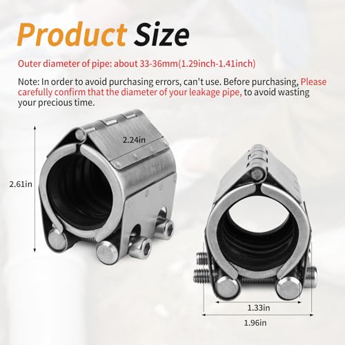 Pipe Repair Clamp Kit -1 Inch 33mm-36mm High Pressure Resistant Pipe Coupling Clamp for Plastic&Metal Pipes, Emergency Duty Leak Sealer with Stainless Steel, Quick Fix for Water/Gas/Oil Lines - Thumbnail 2