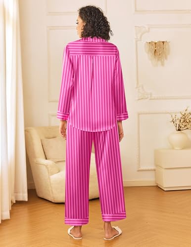 Image of Ekouaer Womens Silk Satin Pajama Sets 2 Piece Sleepwear Pjs Set Long Sleeve Button Down Top and Pants Stripe Loungewear S-XXL