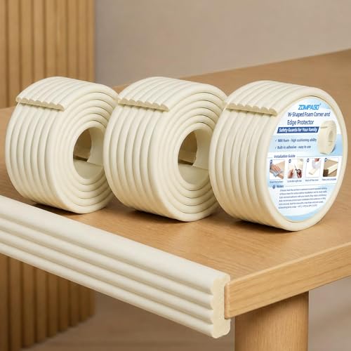 Image of ZOMPAGO Beige Foam Edge & Corner Protector Tape, 3 Rolls,0.35 inch Thick x 3.15 inch Wide x 6.56 FT, Strong Adhesive, Baby Proofing for Table Edge, Crib Edge, Sharp Furniture Edge Protection