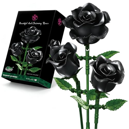 Black Rose Flower Bouquet Building Set for Adults - 3Pack, Compatible with Lego Flower, Valentine's for Her Girlfriend Wife, Artificial Flowers Collection for Home/Office Decor