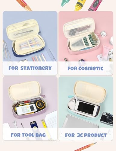 Image of SUNEE Cute Pencil Case, Aesthetic Pen Pouch, Colored Large Pencil Bag with Zipper, Kawaii Stationery Storage and Organizer, School Supplies for Teen and Adult Girls, Navy Blue