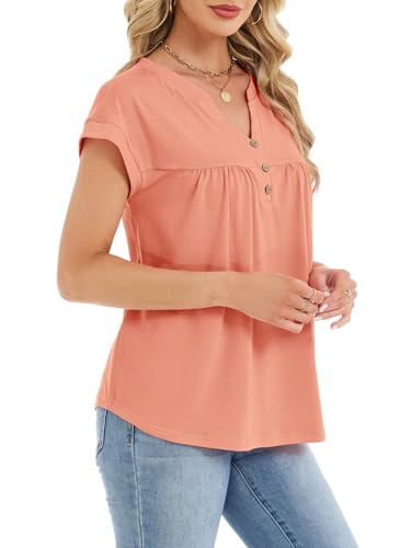YOKGO Womens T Shirts Short Sleeve Pleated Button Top Dressy Casual V Neck Summer Tunic Tops Loose Fit Blouses Coral — view 4