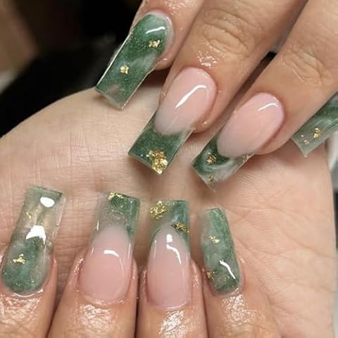 Hkanlre Medium Green Press on Nails French Fake Nails Tips Full Cover Square False Marble Nails for Women and Girls 24PCS Cover