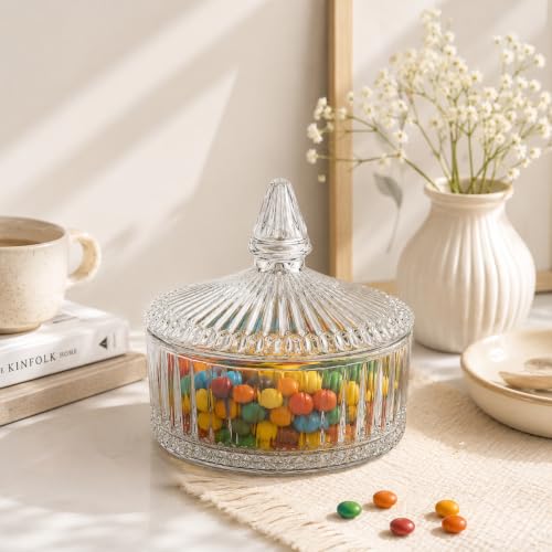 Image of bellemax Ribbed Glass Candy Jar with Lid, Clear Decorative Storage Container for Candy, Cookies, Dry Fruits, Chocolates, Snacks & Kitchen (Pack of 1)