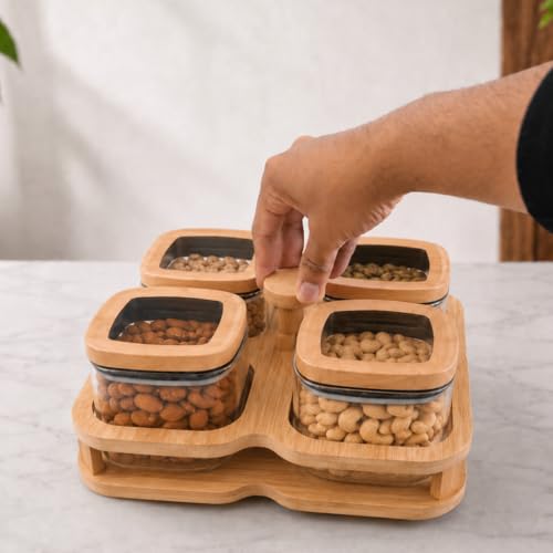Image of Borosilicate Glass Storage Jars Set of 4 with 360 Rotating Bamboo Tray, 500ml Airtight Square Glass Containers with Wooden Lids, Dry Fruit, Nuts, Snack,Spice Organizer for Kitchen Counter