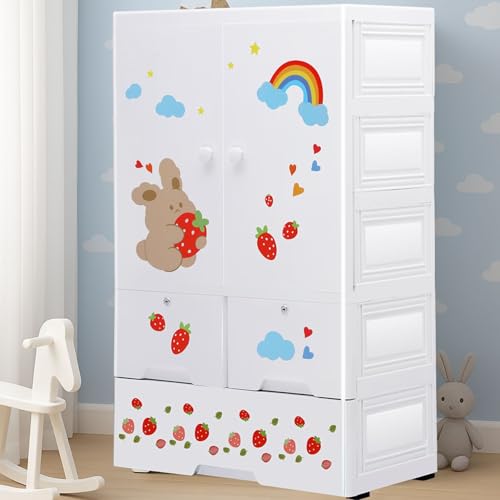 Image of Little Olive Plastic Wardrobe with Height Chart | Strawberry Print Design | Kids Storage Cabinet for Toys and Clothes | Red Matte Finish (65 X 38 X 130 Cm)
