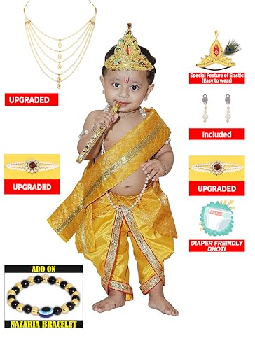 Image of Krishna Dress for Kids, Baby Krishna Dress for Janmashtami with Krishna Mukut, Peacock Feather & Flute Embroidered Krishna Costume for Girl & Boy, 3 Months-8 Years