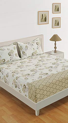 Image of Swayam Mercerized Pure Cotton Single Bedsheet with 1 Pillow Cover | Size 60 x 90 inch | 250 TC | Floral Design | Soft Breathable Bed Sheet | Comfortable & Durable for Bedroom - Beige