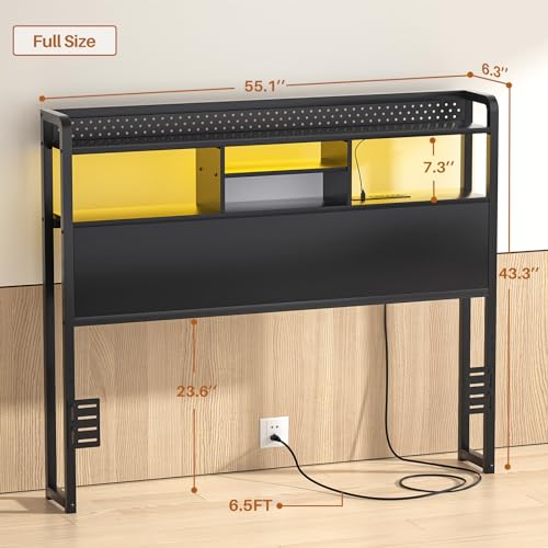 Unikito Headboard for Full Size Bed with Storage Shelf, Head Board with 3 Outlets and 2 USB Ports, Headboards with RGB LED Light, Height Adjustable, Sturdy and Stable, Easy Assembly, Black