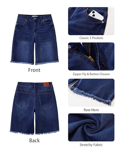luvamia Jean Shorts Womens Trendy Mid Rise Raw Hem Knee Length Distressed Womens Bermuda Shorts Summer Casual Jorts Women Darkness Blue Size Small Fits US 4-6