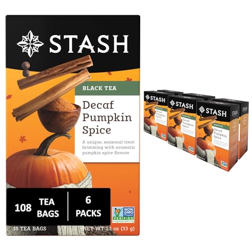 Image of Stash Tea Decaf Pumpkin Spice Black Tea - Decaf, Non-GMO Project Verified Premium Tea with No Artificial Ingredients, 18 Count (Pack of 6) - 108 Bags Total
