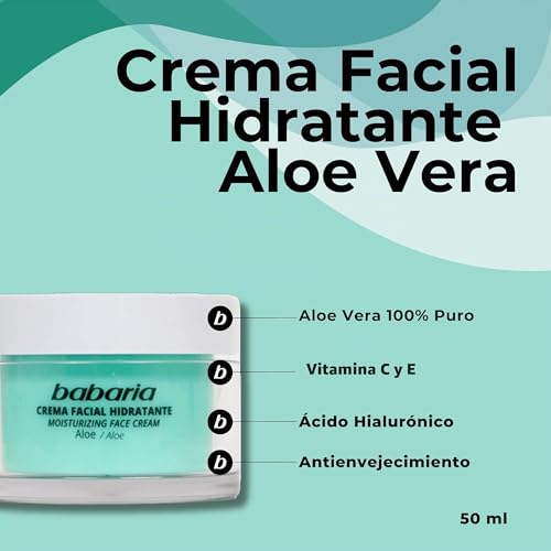 Miniatura 2 de Babaria - Crema Hidratante Facial Mujer 24h | Crema Facial Hidratante Vegana con Aloe Vera 100% Puro y Vitamina E | Antiarrugas, Antiedad y Regeneradora | 50 ml