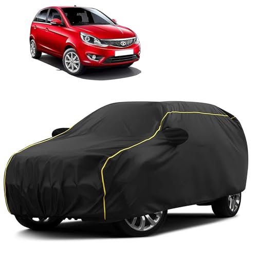 Image of Sulfar 100% Water Resistant Car Body Cover Compatible with Mirror for Tata Bolt (Triple Stitched, Full Bottom Elastic, Black Taffeta with Yellow Piping)