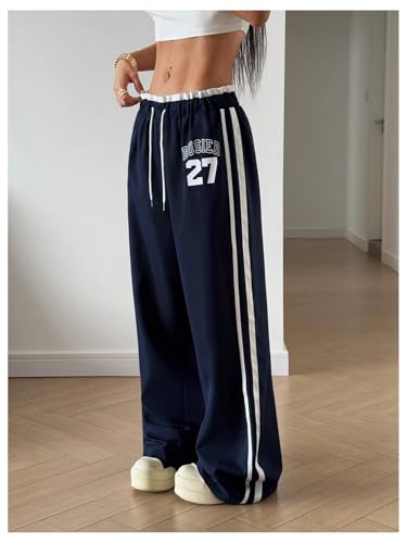 Women's Y2K Side Striped Wide Leg Pants Letter Graphic Drawstring Hip Hop Streetwear Baggy Track Pants4