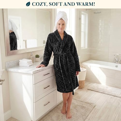 Image of PAVILIA Plush Robe for Women, Soft Fleece Short Bathrobe, Warm Lightweight Knee Length Lounge Robe with Pockets