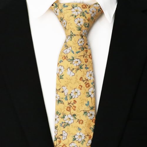 Image of Cotton Floral Ties for Men 2.76 inch Men's Skinny Tie Linen Flower Printed Neck Tie for Wedding Dating Party