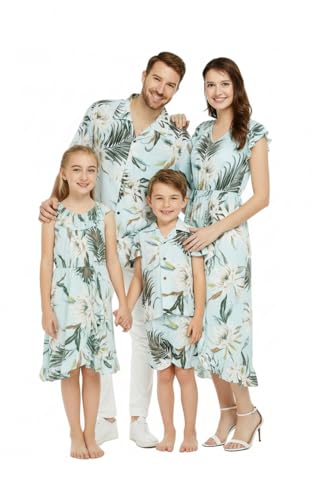 Image of Wispy Cereus Light Blue Family Matching Hawaiian Clothes | Family Matching Outfits • Soft Rayon Fabric • Tropical Floral Print • Vacation Ready • Luau Party Wear
