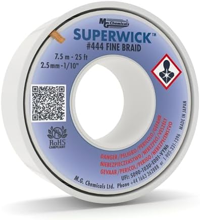 MG Chemicals Desoldering Braid #4 Fine Braid Super Wick with RMA Flux, 25' Length x 0.1" Width, Blue