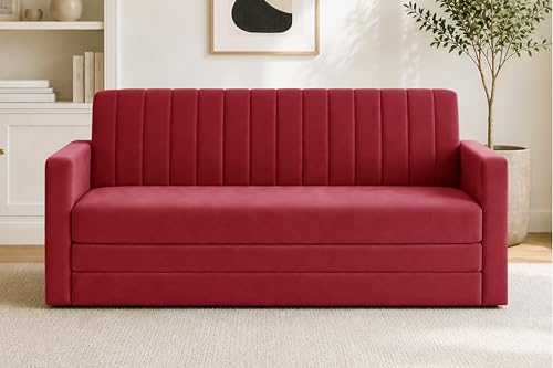 Image of Modern 3 Seater Sofa Cum Bed with Armrest, Velvet Fabric Couch for Living Room, Space Saving Foldable Sleeper Sofa, (Red-Color)